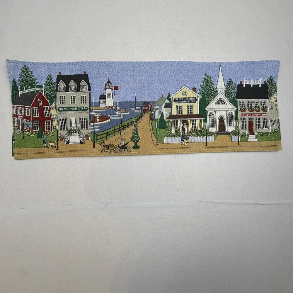 Vintage Coastal Village Tapestry Table Runner Lighthouse Harbor Scene Green Back
